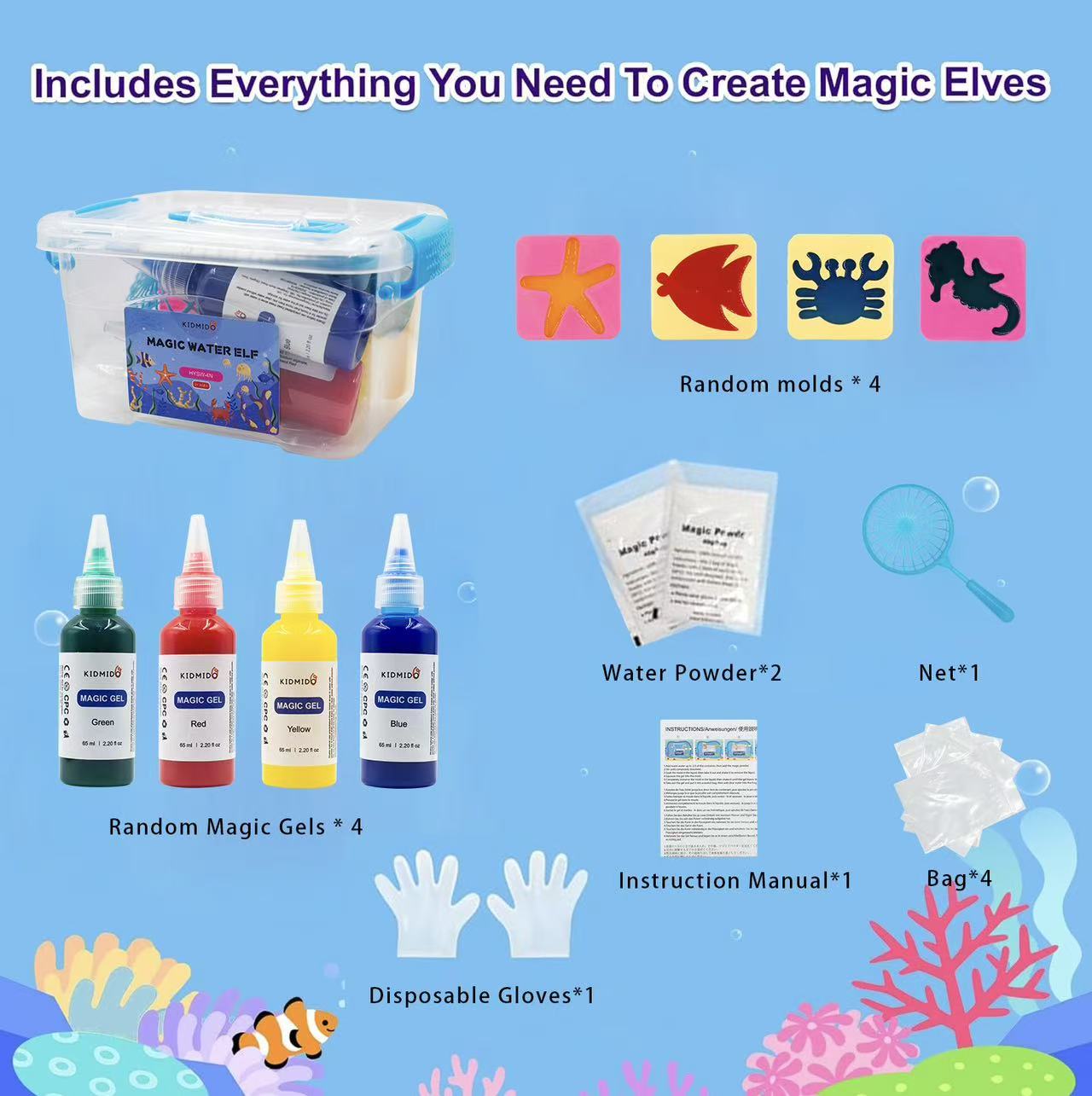Kidmido Magic Water Elf Toy Kit, Aqua Fairy Water Gel Kit-4 Magic Gesl&4 Molds–Make Your Own Water Pets & Squishy Toys–Fun Summer DIY Craft Kit, Birthday Gifts & Party Favors for Kids Ages 3+